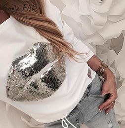 Harajuku Sequined Lip Patchwork Women Casual White Tee Shirt Pullover Tops 2020 Femme Long Sleeve Oneck Jumper Streetwear G11138263500