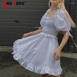 Party Dresses Pure White Puff Sleeve Off-Neck Ruffled Fitted Waist High Pettiskirt Short 2024 Pullover Feminine Mini