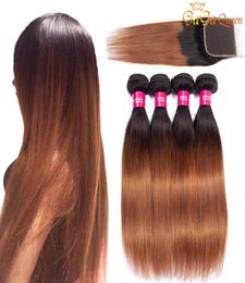 Ombre Brazilian Straight Hair Bundles With 4x4 Closure 1b30 Lace Closure With Straight Human Hair Weaves Gagaqueen hair2745358