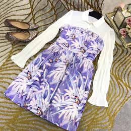 Casual Dresses Fashion Butterfly Flower 11.8 Print Dress Flare Sleeve Turn-down Collar Slim Designer