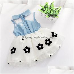 Flickor klänningar tjej sommarklänning 2022 Listning denim sömnad mesh blomma söt baby fest kostym leverans barn moderskapskläder dhavy