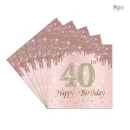 8Guests Rose Gold Diamond 40th Disposable Tableware Pink 40 Year Old Plate Napkin Queen Happy Women 30th 40th 50thBirthday Party