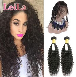 Brazilian Virgin Hair 360 Lace Frontal with Bundles Natural Hairline Deep Wave curly Human Hair Wefts With Closure 3 Pieceslot3717124