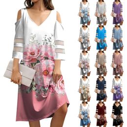 Casual Dresses Women's Summer V-neck Vintage Solid Colour Printed Splicing Strapless Dress Seven Sleeve Vestidos