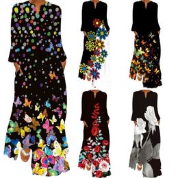 2024 Spring/summer Womens Long Dress V-neck Sleeve Pocket Printed Loose