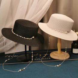Summer Elegant Pearl Chain Flat Sun Hats For Women Chapeau Feminino Straw Hat Panama Wide Brim AntiUV Beach Cap Girl Topee240409