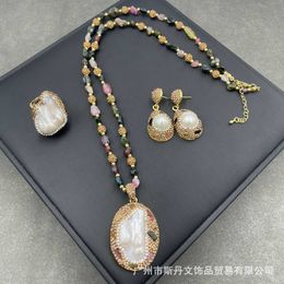 Baroque Pearl Tourmaline Set Natural Freshwater Shaped Pearl Sweater Chain High Grade Hand Inlaid Three Piece Set