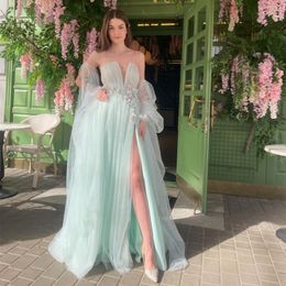 Elegant Long Green V-Neck Tulle Prom Dresses With SlitA-Line V-Neck Floor Length Zipper Back Evening Dresses With Hand Made Flowers for Women