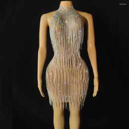 Stage Wear Women Sexy Rhinestones Chain Fringes Short Dresses Silver Crystals Singer Evening Party Wedding Birthday Dress