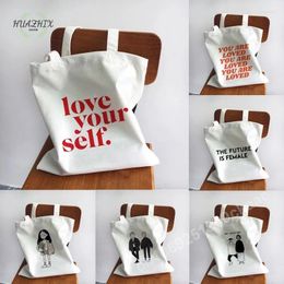 Storage Bags Ladies Letter Handbags Girl Power Quotes Canvas Tote Bag Shopping Travel Women Eco Reusable Shoulder Shopper High Capacity