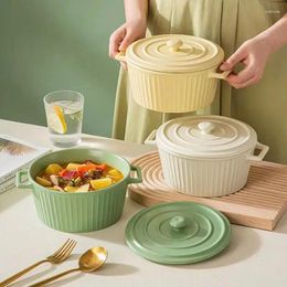 Bowls 2024 Ceramic Double Ear Bowl With Lid Instant Noodle Creative Home Vertical Pattern Can Enter Oven Nordic Luxury