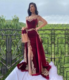 Burgundy Evening Dress with Detachable Train High Neck Appliques Morocco Kaftan Velvet Mermaid Arabic Muslim Prom Party Dress6176287