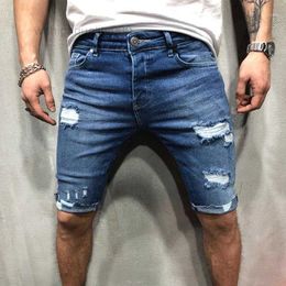 Mens Jeans Men Ripped Short Bermuda Cotton Shorts Breathable Blue Denim Male Destroyed Skinny Hole for 2023