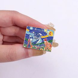 Oil Painting Enamel Pin Brooch Black Cat Artist Art Starry Sky Lapel Metal Badges Jewellery Backpack Accessories Wholesale