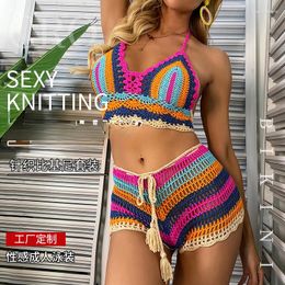 Women's Swimwear Bikinis 2024 Mujer Sexy Bikini Split Swimsuit Suit Knitted Colour Striped Adult Anti-exposure Boxer Handwoven Plus Size