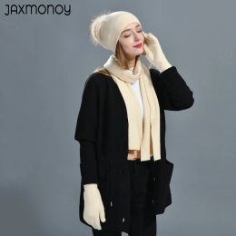 Jaxmonoy Winter Cashmere Beanie Hat Knitted Scarf and Glove Three Piece Set Double Layer Warm Women Cap Solid Wool Blend Sets