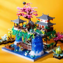 Different Size Diamond Bricks Sakura Blossom Pond Building Blocks Chinese Garden Architecture Waterfall DIY Toys Gift For Adult