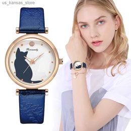 Wristwatches Women Fashion Blue Quartz Leather Ladies Wristes 2022 Luxury Brand Simple Kittens Dial Woman Clock Montre Femme240409