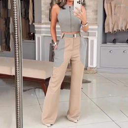 Women's Two Piece Pants Vest Top & Cuffed Set Women Elegant Pant Sets Suit Sleeveless Y2k Tops Zipper High Waist Trousers Suits Pockets