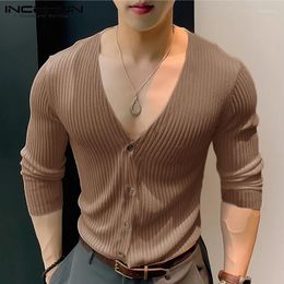Men's Casual Shirts 2024 Men Shirt Knitted V Neck Long Sleeve Streetwear Clothing Korean Style Solid Color Leisure S-5XL INCERUN