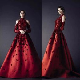 Rami Kadi Red Long Evening Dresses Delicate Beaded 3D floral butterfly High Neck Prom Dress Long Sleeves Floor Length Formal occasion Gowns