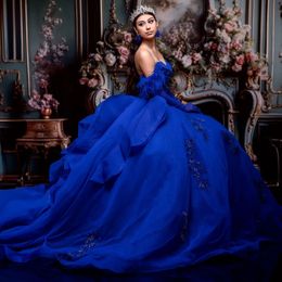 Luxury Royal Blue Quinceanera Dresses Ball Gown Sparkly Applique Lace Beads Feather Corset Princess 16 Dress Party Vestidos De 15 Anos