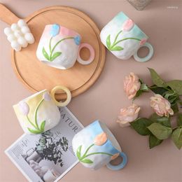 Mugs Korean-style Ceramic Hand-painted Embossed Tulip Mug Creative Fashionable Office Home Drinking Water Breakfast Milk Cup