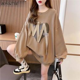 Women's Hoodies Plus Velvet Women O Neck Draw String Printing Warm Autumn Winter Korean Style Leisure Fashion Vintage Chic Loose Simple