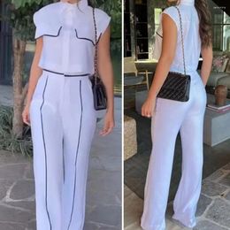 Women's Two Piece Pants Lady Formal Suit Top Set With Lapel Colour Matching Wide Leg Straight Design For Office Commute Short