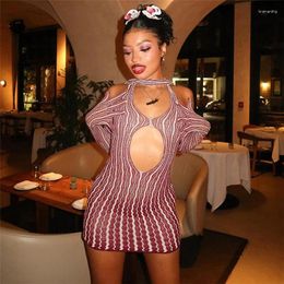 Casual Dresses Striped Print Mesh Bandage Halter Bodycon Mini Dress Gloves Long Sleeve Cape Hollow Out Backless Hispter Party Clubwear