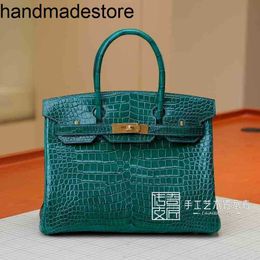 Leather Bk Craftsmen French Hand Sew 2024 Womens Bag Platinum Crocodile Skin 6q Emerald Green 30cm Gold Buckle Handbag