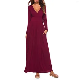 Casual Dresses Women V Neck Pocket Dress Solid Color Long Sleeve High Waist Slim Plead Hem Formal Occasion For