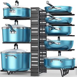 8 Tiers Pan Pot Organizer Rack 3 DIY Methods Adjustable Cabinet Pantry Pots Lids Storage Rack Kitchen Organization 240407