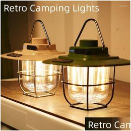 Portable Lanterns Led Cam Lamp Retro Hanging Tent Waterproof Dimmable Lights Build-In Battery Emergency Light Lantern For Outdoor Drop Dhlny