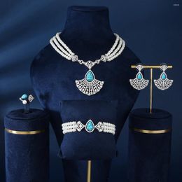 Necklace Earrings Set EYER 4pcs Bridal Cubic Zircon Pearls Turquoise Choker For Women Party Luxury Dubai CZ Wedding