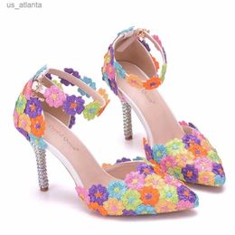 Dress Shoes Crystal Queen Multicolour Rhinestone Lace Flower Bride High Heel Wedding Party With Ankle Strap Bridesmaid H240409