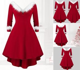 Casual Dresses Christmas Longsleeved Dress Plush VNeck Red Slim Fit Fashion Patchwork Xmas Women Party XXL9873801