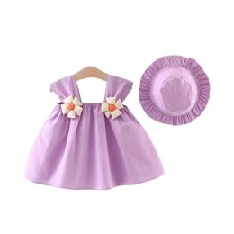 2pcsset algodão criança meninas meninas de verão vestido de princesa vestido de cor sólida manning sem mangas com decoração de flores 6m3t 240407