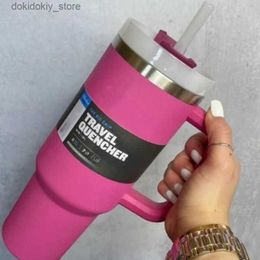 Mugs Ready To Ship 40oz Hot Pink Tumblers Cups Mus With Handle Insulated Tumblers Lids Straw Stainless Steel Coffee Thermos Cups L49