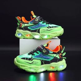 Boys Cartoon Sneakers Children Baby Spring Breathable Mesh LED Luminous Sports Shoes Kids Casual Autumn Light Up Shoes 240401