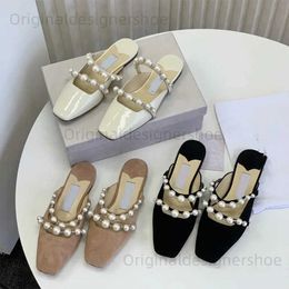 Casual Shoes 2023 Summer New Womens Shoes Pearl Baotou Slippers Wear Square Head Flat Bottom Sandals Outside T240409