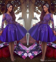 Sexy Elegant Arabic Illusion Satin A Line Cocktail Dresses New Long Sleeves Tulle Lace Applique Beaded Top Knee Length Party Short6113812