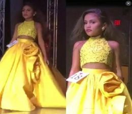 Yellow Two Pieces Girls Pageant Dresses Lace Top Satin Skirt With Rose Ruffles A Line Flower Girls Dress For Weddings Kids Party G1619016