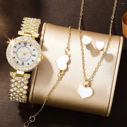 Wristwatches 6Pcs Women's Fashion Trend Luxury Rhinestone Roman Quartz Watch Love Necklace Ring Bracelet Gift Set