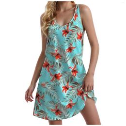Casual Dresses Women's Floral Print Dress Summer Fashion Half Height V Neck Sundress Women Loose Sleeveless Beach Style Spaghetti Strap