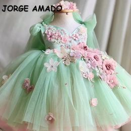 Kids Dress Girl Summer Dress Bow Mesh Puffy Skirt Green Flower Sleeveless Princess Dress Dance Performance Dress E 240325