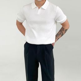 Men's Striped Knit Shirt, Solid Polo Shirts, Slim Short Sleeve, Turn-Down Collar, Ribbed Polo Tees, Casual Summer Tops, Fashion