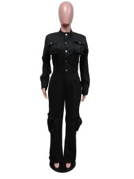Black Denim Cargo Jumpsuit Sexy Women Turn Down Collar Elegant Multi Pockets Jeans Casual Jumpsuit Romper