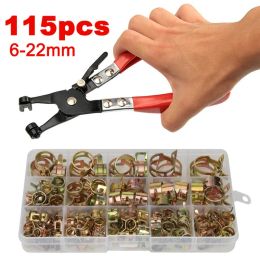 115 PCS 6-22mm Spring Hose Clamps + Manual Pliers Zinc Plated Gas Water Hose Clamp Metal Tools Assortment Kit