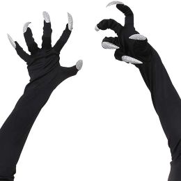 Cool Funny Long Nails Black Silver Girls Ghost Claw Mittens Halloween Cosplay Gloves Fancy Props Witch Cosplay Costume